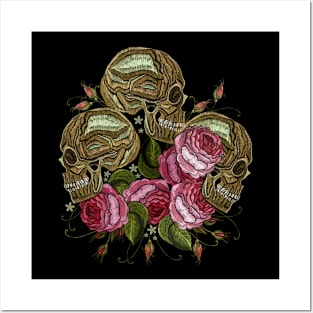 Three Skulls Roses Flower Embroidery Posters and Art